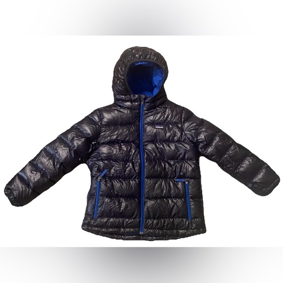 Patagonia Boys Hi-Loft Down Sweater Hoody Blue Puffer Jacket Boys Size 10 - Picture 1 of 3